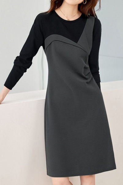 Fashionable color-blocking fake two-piece dress - liwisi