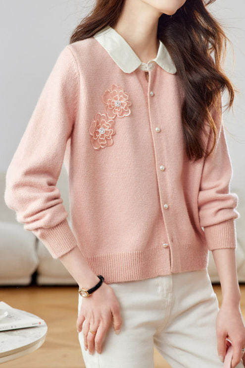 Early autumn color-blocking lapel knit cardigan - liwisi