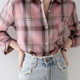 Simple pink plaid long-sleeve shirt