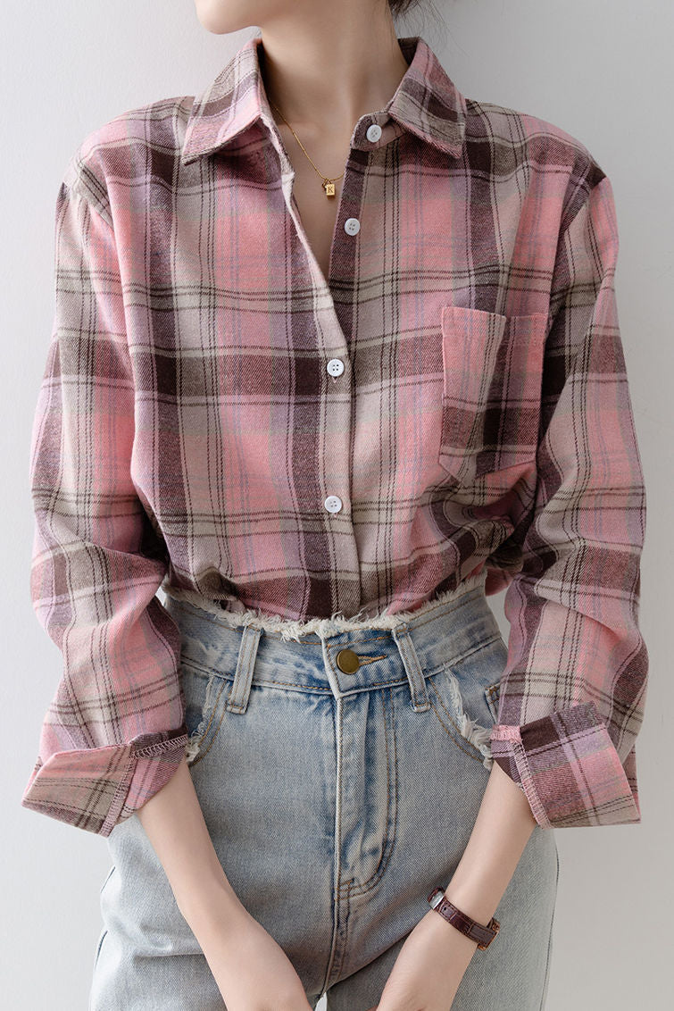 Simple pink plaid long-sleeve shirt - liwisi