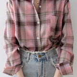 Simple pink plaid long-sleeve shirt