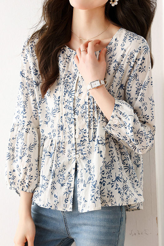 Fashionable Casual Floral Print Three-Quarter Sleeve Shirt - liwisi