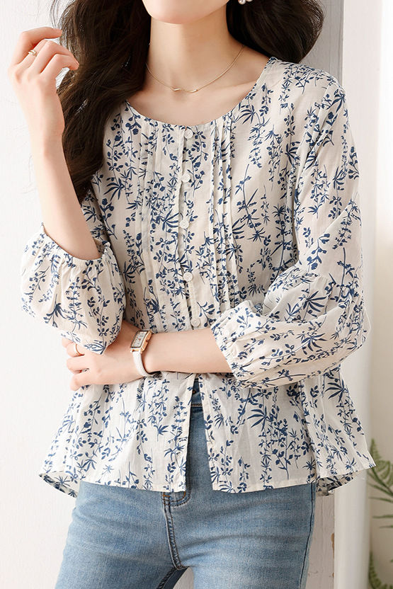 Fashionable Casual Floral Print Three-Quarter Sleeve Shirt - liwisi