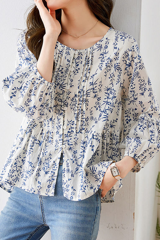 Fashionable Casual Floral Print Three-Quarter Sleeve Shirt - liwisi
