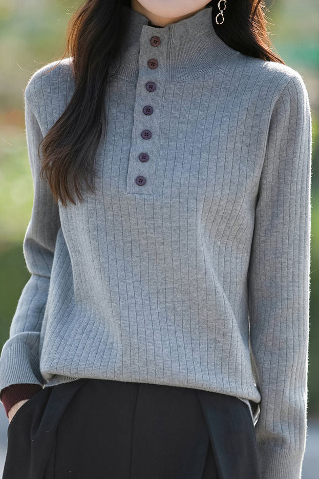 Early autumn retro color-block half-open neck ribbed sweater - liwisi