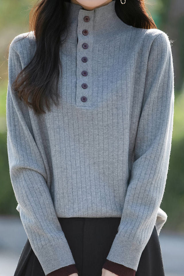 Early autumn retro color-block half-open neck ribbed sweater - liwisi