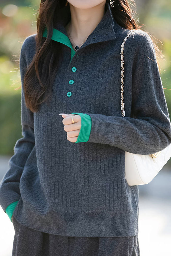 Early autumn retro color-block half-open neck ribbed sweater - liwisi