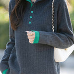 Early autumn retro color-block half-open neck ribbed sweater - liwisi
