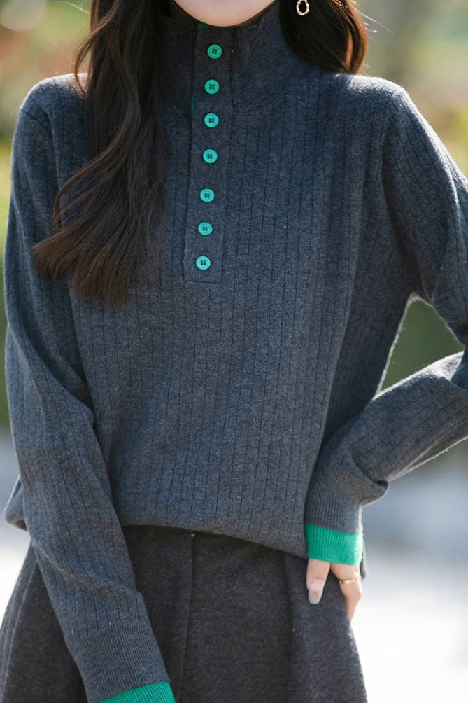Early autumn retro color-block half-open neck ribbed sweater - liwisi