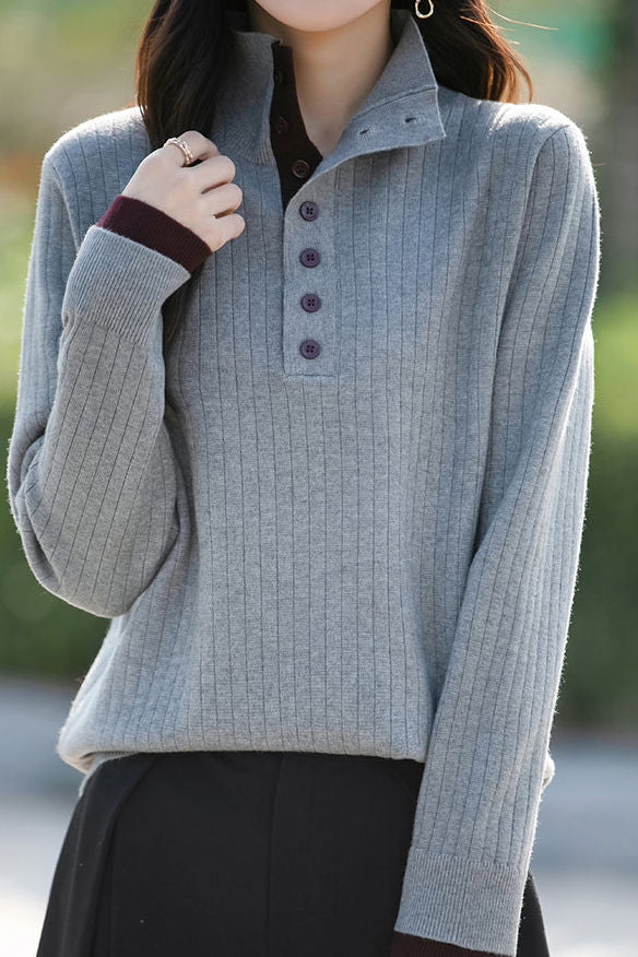 Early autumn retro color-block half-open neck ribbed sweater - liwisi