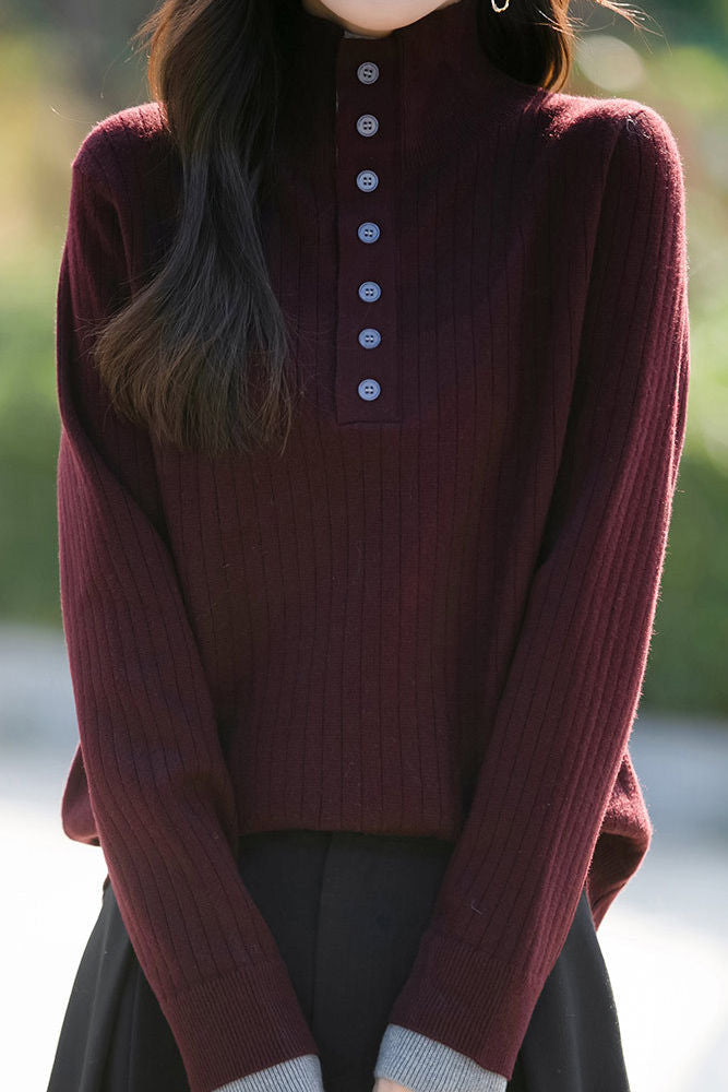 Early autumn retro color-block half-open neck ribbed sweater - liwisi