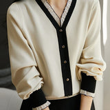 Early autumn elegant lace collar color-block long-sleeve knitwear - liwisi