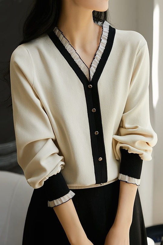 Early autumn elegant lace collar color-block long-sleeve knitwear - liwisi