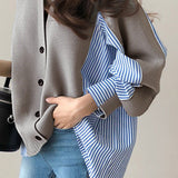 Loose casual color-block spliced striped coat - liwisi