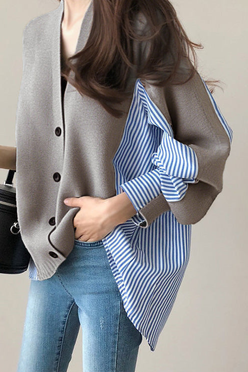 Loose casual color-block spliced striped coat - liwisi