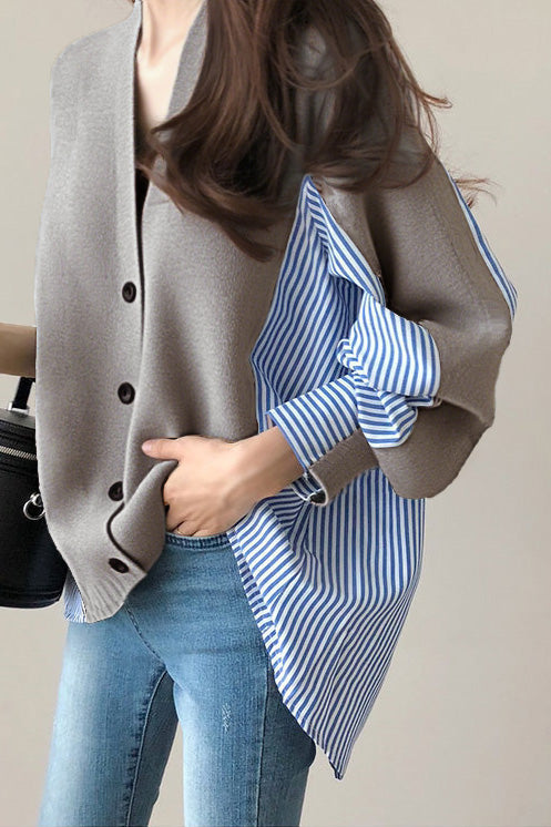 Loose casual color-block spliced striped coat - liwisi