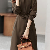 Elegant commuting stand-collar waist-cinched dress - liwisi