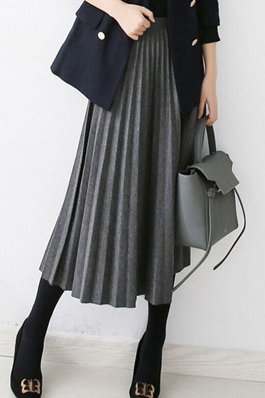 Early autumn woolen pleated midi skirt - liwisi