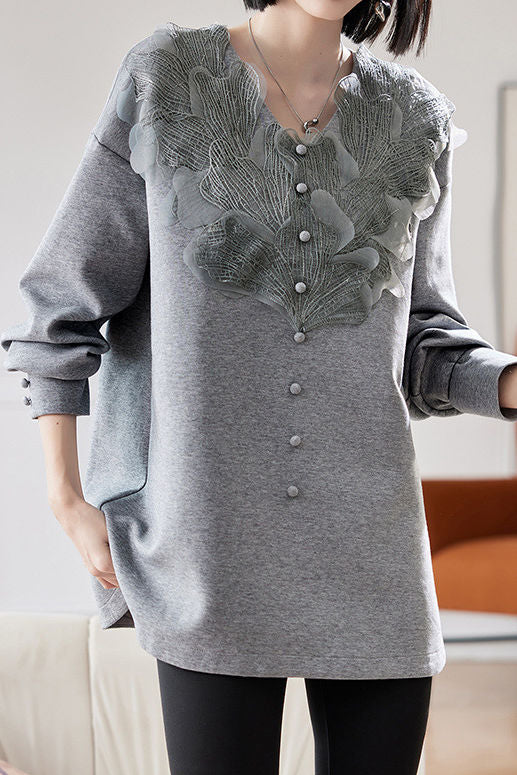 Early autumn stylish casual lace paneled sweatshirt - liwisi