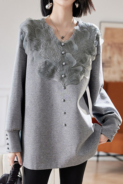 Early autumn stylish casual lace paneled sweatshirt - liwisi