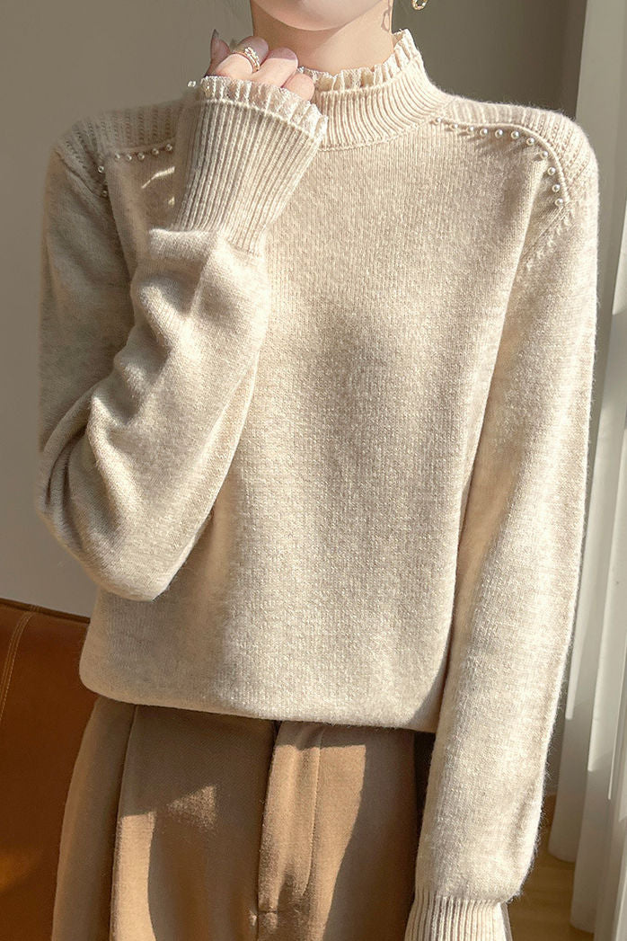 Early autumn lace trim turtleneck base sweater - liwisi