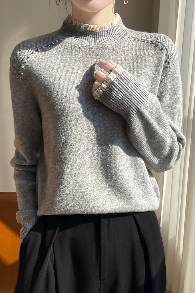 Early autumn lace trim turtleneck base sweater - liwisi