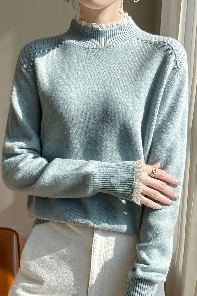 Early autumn lace trim turtleneck base sweater - liwisi