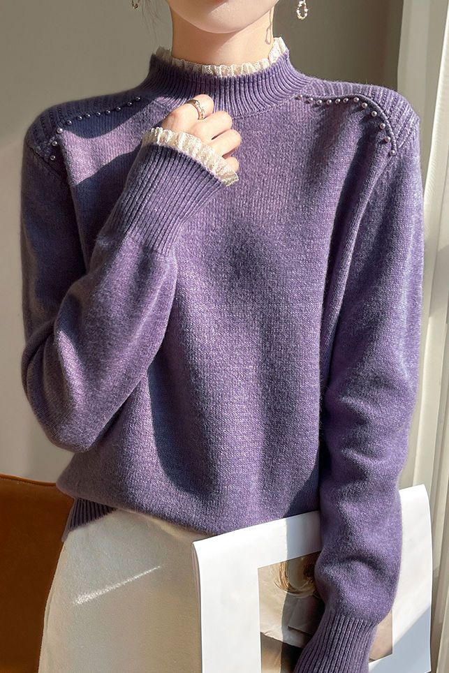 Early autumn lace trim turtleneck base sweater - liwisi