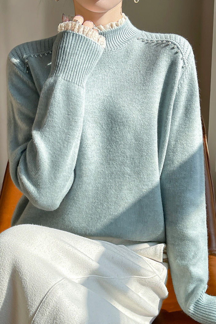 Early autumn lace trim turtleneck base sweater - liwisi