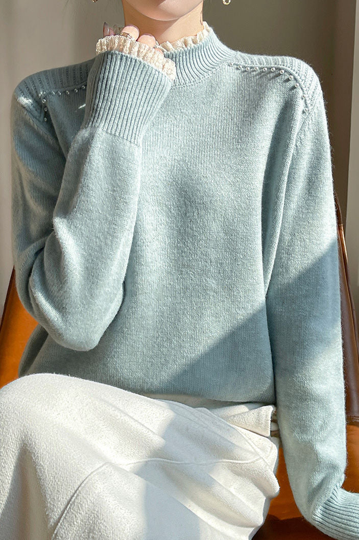 Early autumn lace trim turtleneck base sweater - liwisi