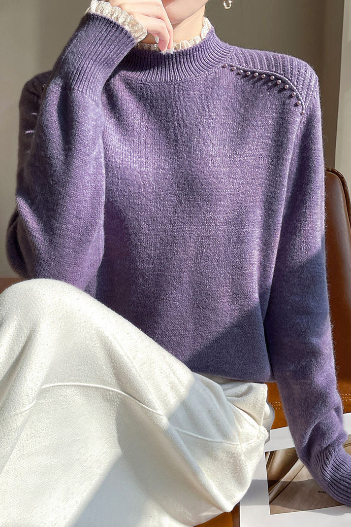 Early autumn lace trim turtleneck base sweater - liwisi