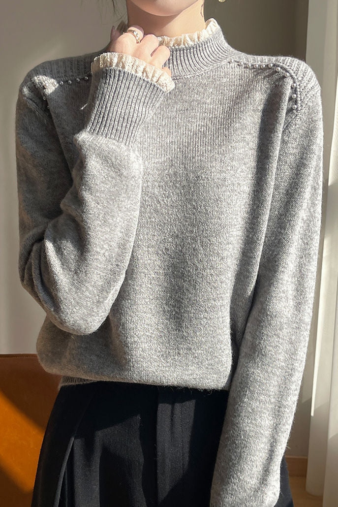 Early autumn lace trim turtleneck base sweater - liwisi