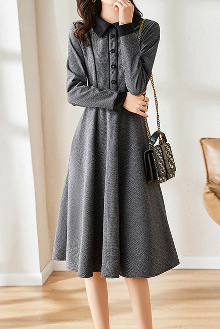 Elegant Early Autumn Retro Color-block Dress - liwisi