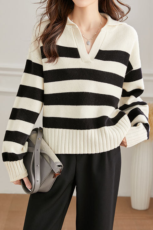 Stylish Simple V-neck Striped Sweater - liwisi