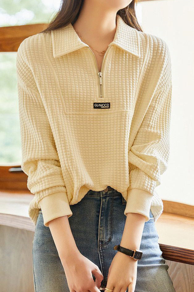 Casual Versatile Textured Polo-collar Pullover Sweatshirt - liwisi