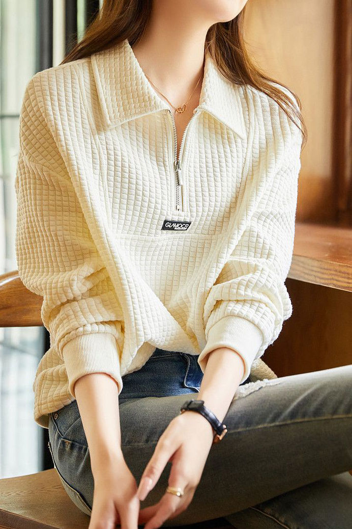Casual Versatile Textured Polo-collar Pullover Sweatshirt - liwisi