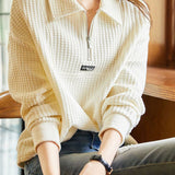 Casual Versatile Textured Polo-collar Pullover Sweatshirt - liwisi