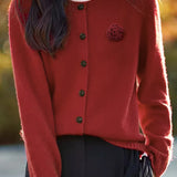 Elegant Round-neck Cardigan with 3D Floral Knit Details