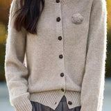 Elegant Round-neck Cardigan with 3D Floral Knit Details