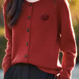 Elegant Round-neck Cardigan with 3D Floral Knit Details
