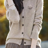 Elegant Round-neck Cardigan with 3D Floral Knit Details