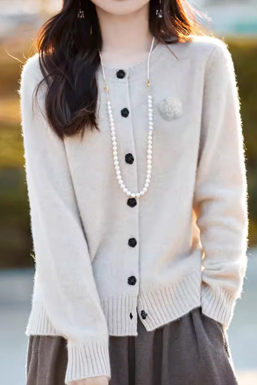 Elegant Round-neck Cardigan with 3D Floral Knit Details - liwisi