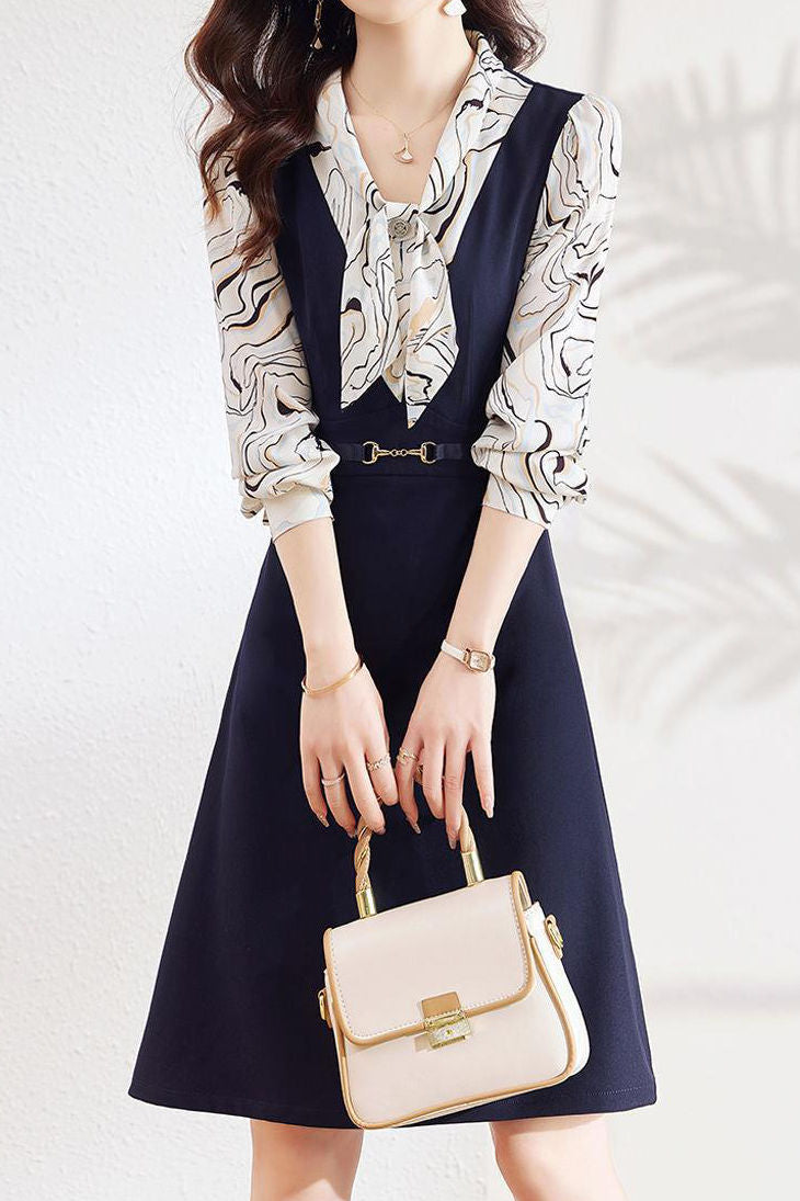 Early Autumn Stylish Fake Two-Piece Design Dress - liwisi