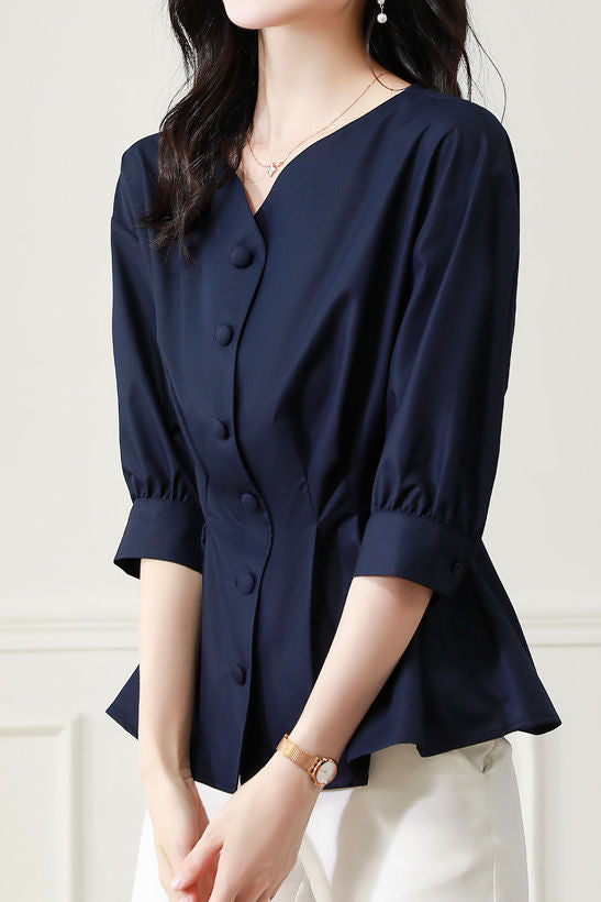 Elegant Office Seven-Sleeve Waist-Slimming Pleated Shirt - liwisi