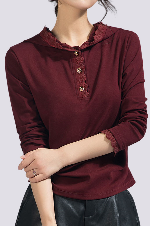 Casual Lace Long-Sleeve Edge Hooded T-Shirt - liwisi