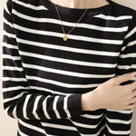 Unique Black and White Striped Long-Sleeve Knit Top - liwisi