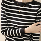 Unique Black and White Striped Long-Sleeve Knit Top - liwisi