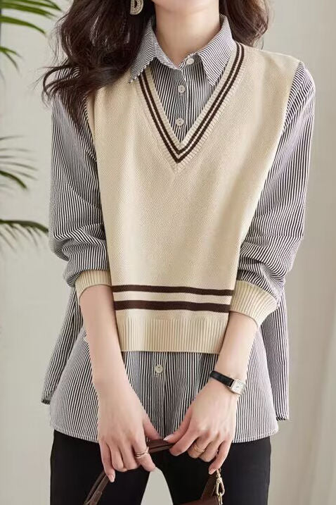 Early Autumn Casual Fake Two-Piece Spliced Shirt - liwisi