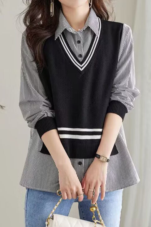 Early Autumn Casual Fake Two-Piece Spliced Shirt - liwisi