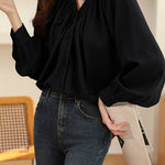 Early Autumn Stylish Ruched V-Neck Shirt - liwisi